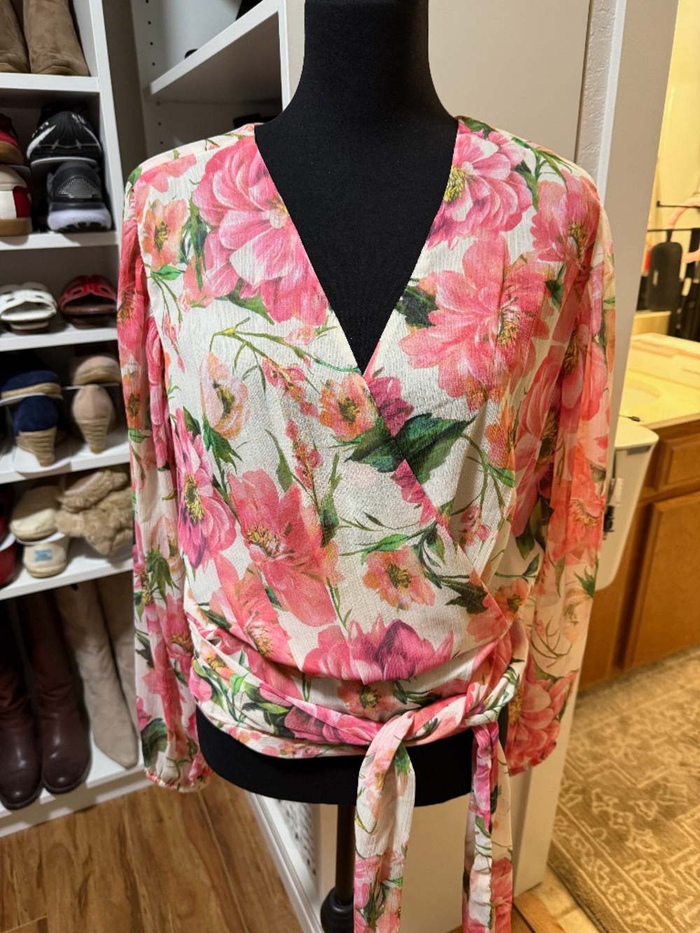NWT Express Floral Tie Banded Bottom Faux Wrap Top